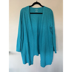 Chico’s Open Front Cardigan with Pockets Teal Lightweight Knit Layering Size 2